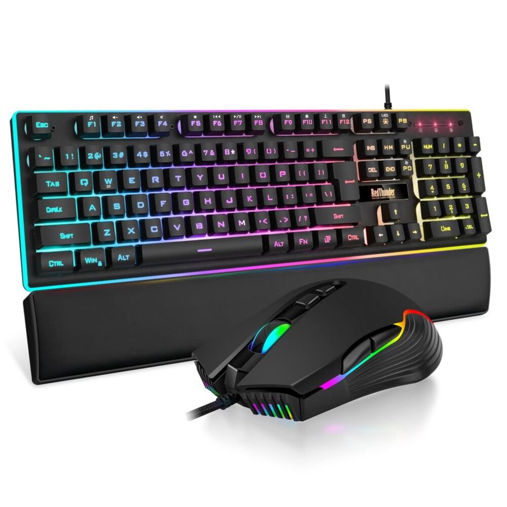 RedThunder K10 Wired Gaming Keyboard Mouse Wrist Rest RGB 7200 DPI Black